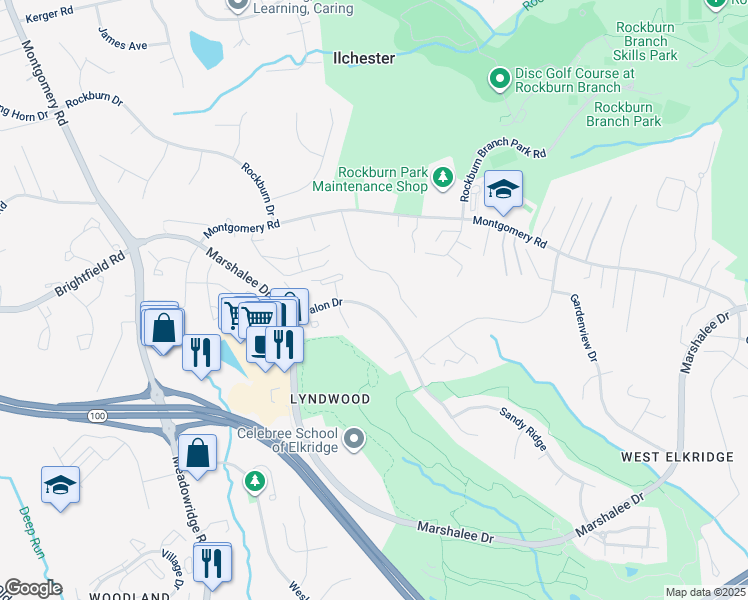 map of restaurants, bars, coffee shops, grocery stores, and more near 5953 Avalon Drive in Elkridge