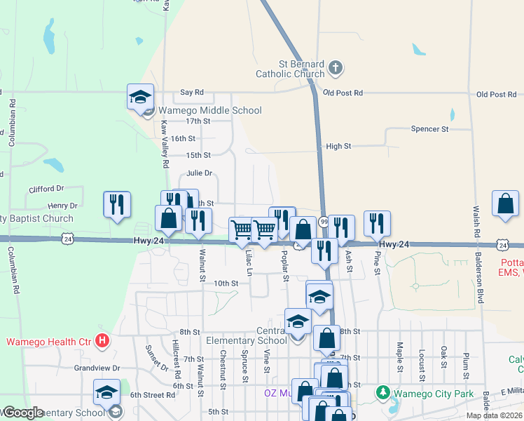 map of restaurants, bars, coffee shops, grocery stores, and more near 1009 14th Street in Wamego