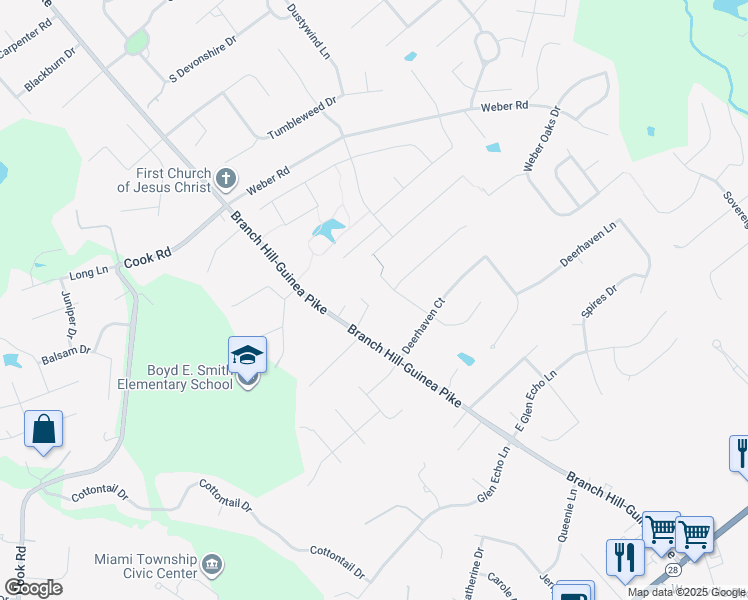 map of restaurants, bars, coffee shops, grocery stores, and more near 6148 Branch Hill-Guinea Pike in Milford