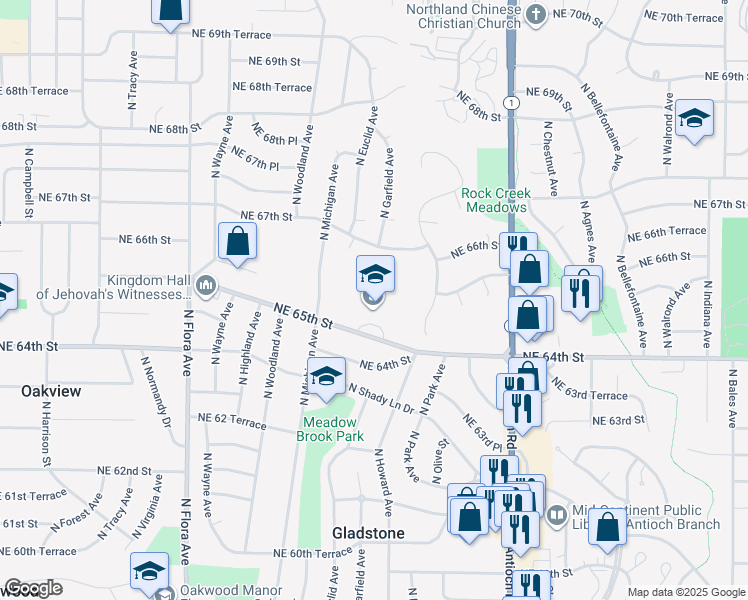map of restaurants, bars, coffee shops, grocery stores, and more near 2100 Northeast 65th Street in Gladstone