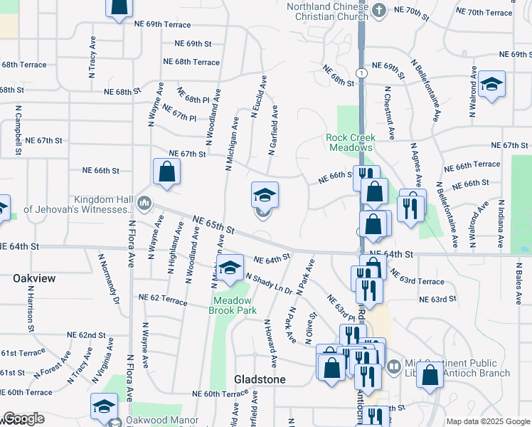 map of restaurants, bars, coffee shops, grocery stores, and more near 2100 Northeast 65th Street in Gladstone