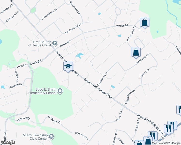 map of restaurants, bars, coffee shops, grocery stores, and more near 6148 Branch Hill-Guinea Pike in Milford