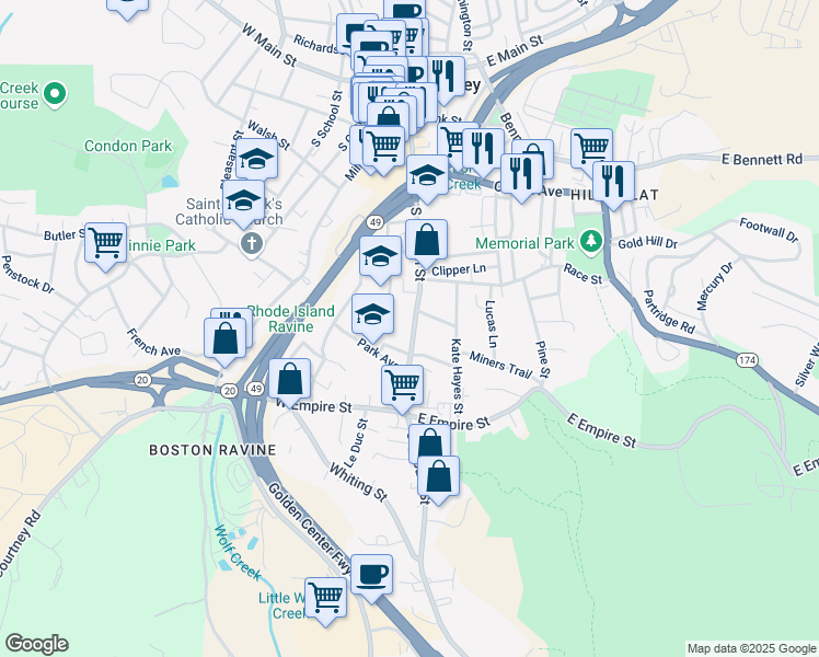 map of restaurants, bars, coffee shops, grocery stores, and more near 442 South Auburn Street in Grass Valley