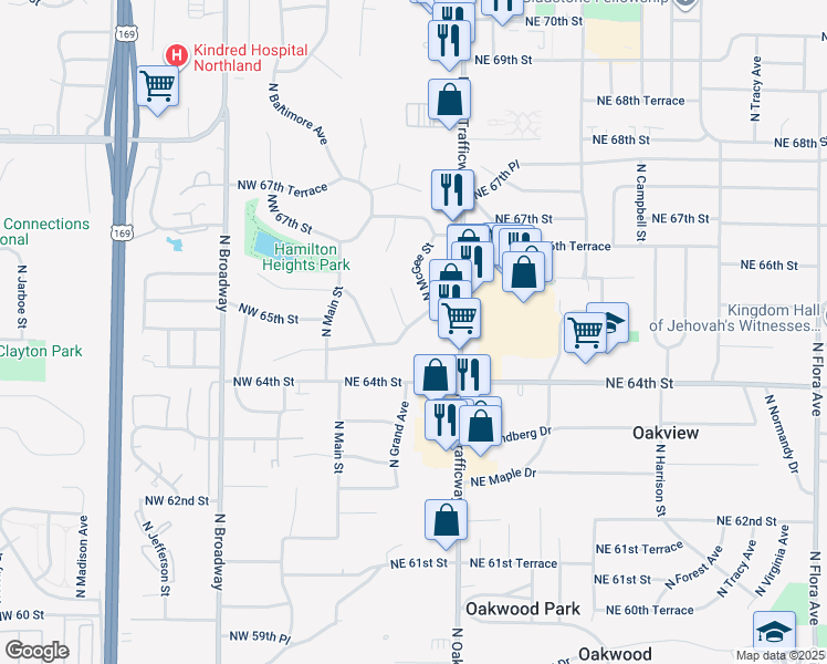 map of restaurants, bars, coffee shops, grocery stores, and more near 203 Northeast 65th Street in Kansas City