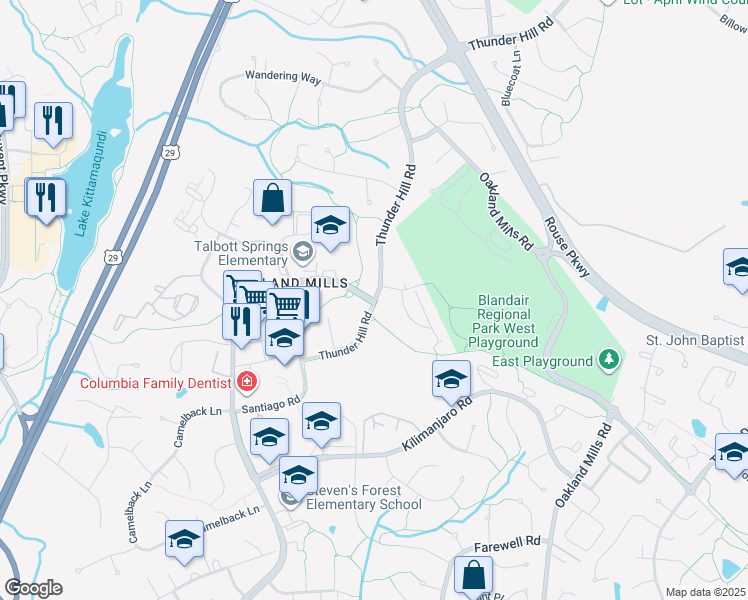 map of restaurants, bars, coffee shops, grocery stores, and more near 9600 White Acre Road in Columbia