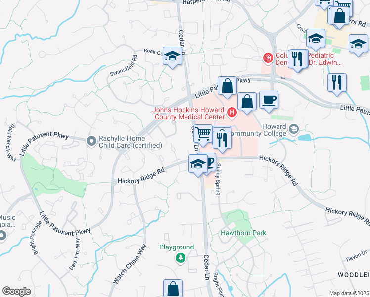 map of restaurants, bars, coffee shops, grocery stores, and more near 11200 Avalanche Way in Columbia