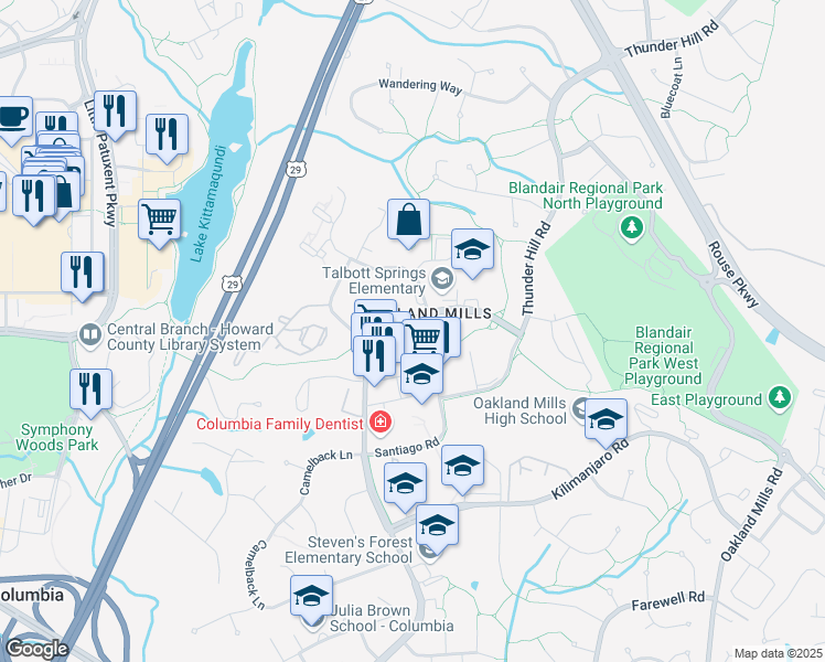map of restaurants, bars, coffee shops, grocery stores, and more near 9647 White Acre Road in Columbia