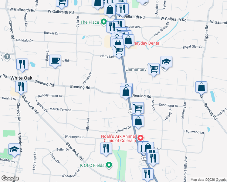 map of restaurants, bars, coffee shops, grocery stores, and more near 3114 Banning Road in Cincinnati