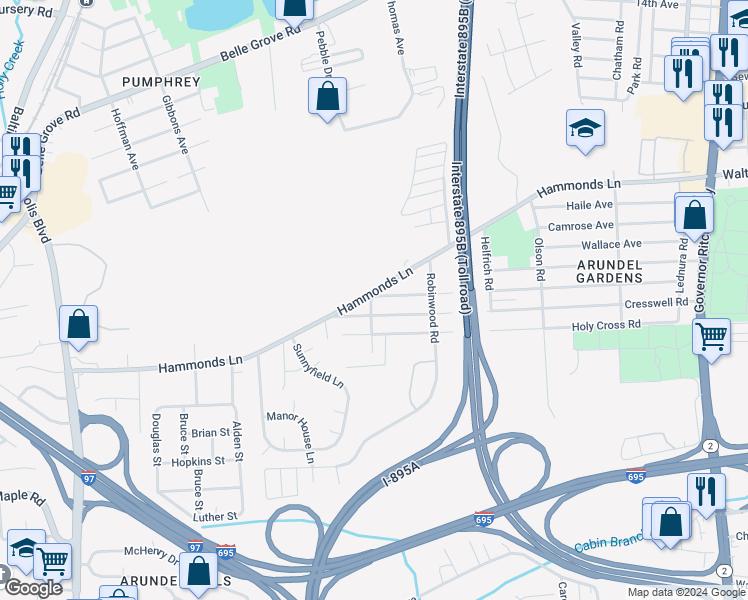 map of restaurants, bars, coffee shops, grocery stores, and more near 625 Main Avenue in Anne Arundel County