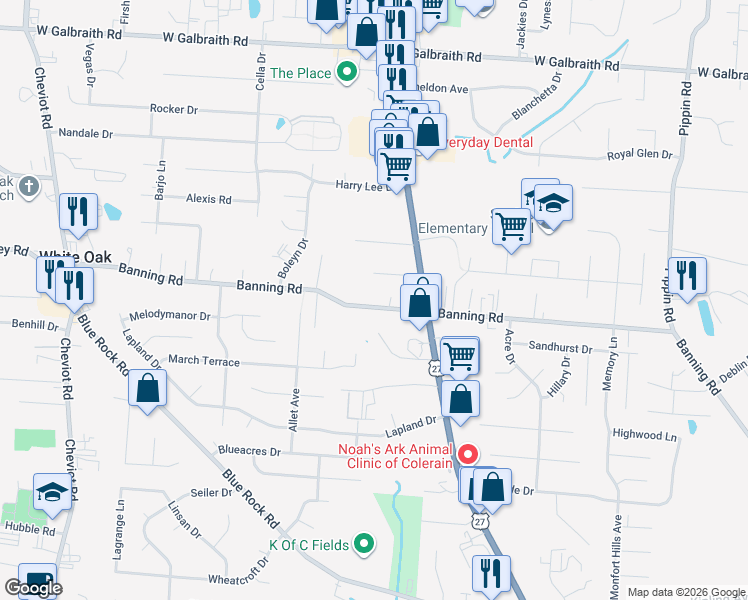 map of restaurants, bars, coffee shops, grocery stores, and more near 3120 Banning Road in Cincinnati