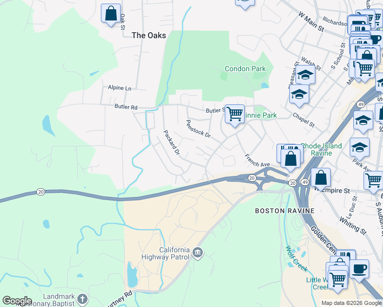 map of restaurants, bars, coffee shops, grocery stores, and more near 125 Melissa Court in Grass Valley