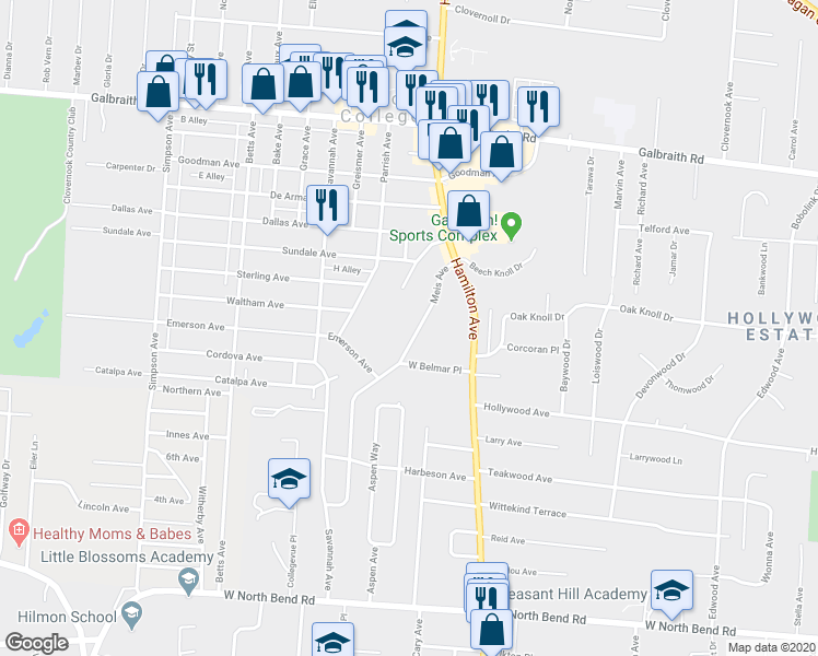 map of restaurants, bars, coffee shops, grocery stores, and more near 6519 Meis Avenue in Cincinnati