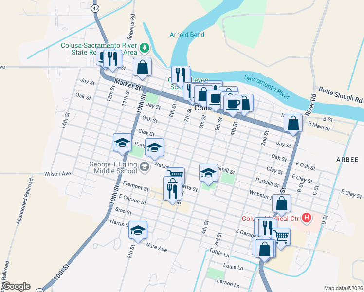map of restaurants, bars, coffee shops, grocery stores, and more near 509 7th Street in Colusa