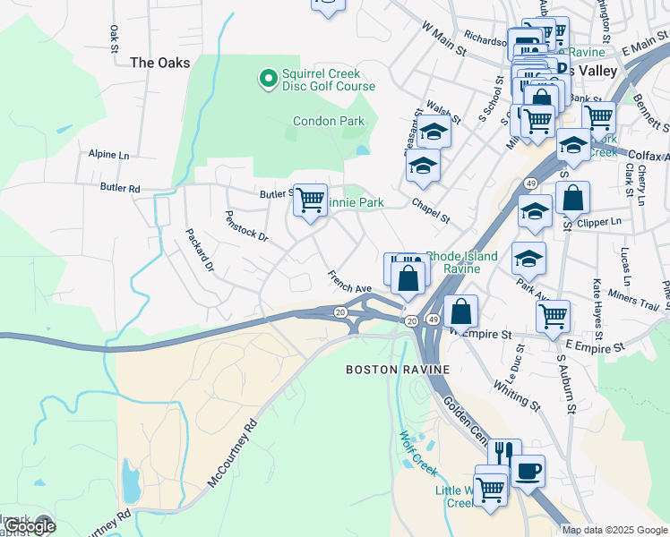 map of restaurants, bars, coffee shops, grocery stores, and more near 549 Jenkins Street in Grass Valley