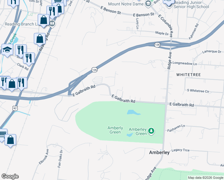 map of restaurants, bars, coffee shops, grocery stores, and more near 2430 East Galbraith Road in Cincinnati