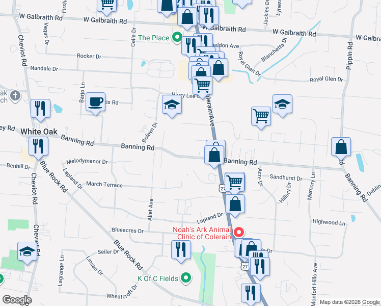 map of restaurants, bars, coffee shops, grocery stores, and more near 3120 Banning Road in Cincinnati