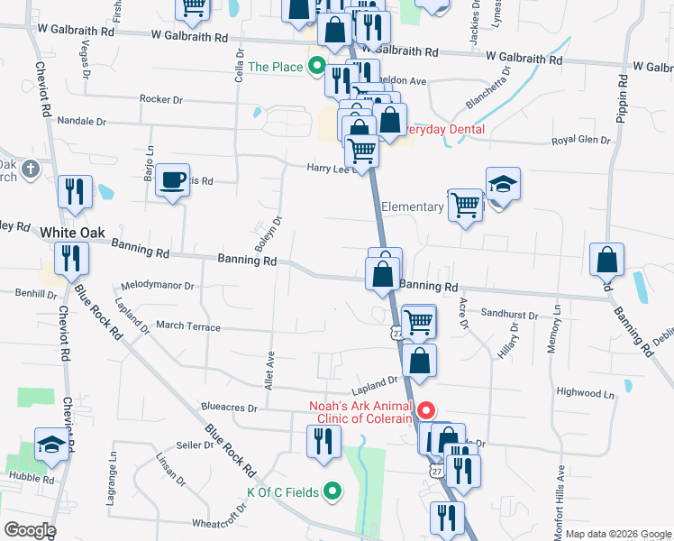 map of restaurants, bars, coffee shops, grocery stores, and more near 3120 Banning Road in Cincinnati