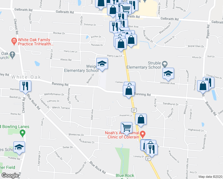 map of restaurants, bars, coffee shops, grocery stores, and more near 3114 Banning Road in Cincinnati