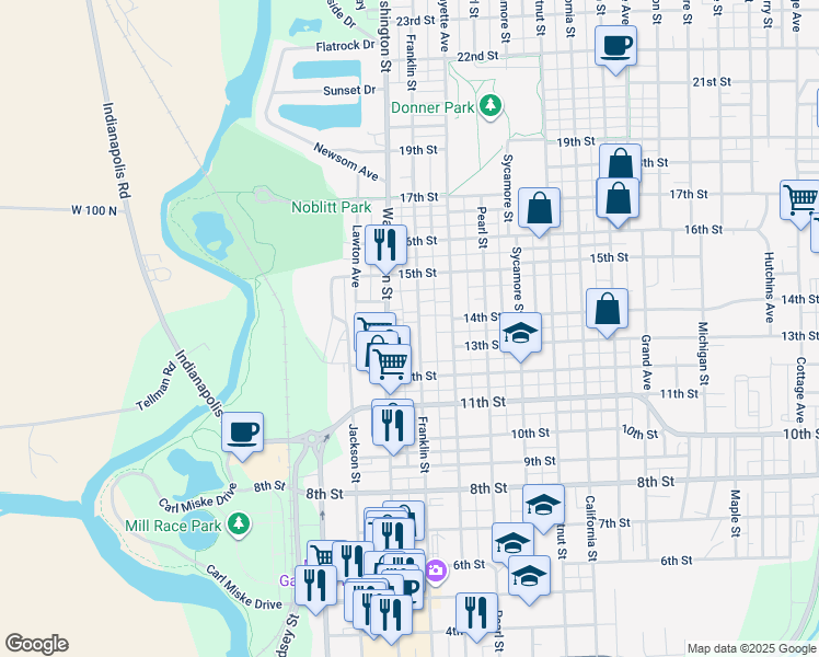 map of restaurants, bars, coffee shops, grocery stores, and more near 1315 Franklin Street in Columbus