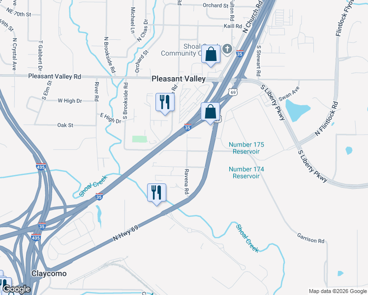 map of restaurants, bars, coffee shops, grocery stores, and more near 6500 Ravena Road in Pleasant Valley