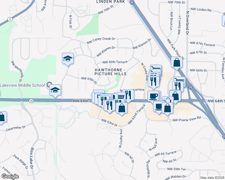 map of restaurants, bars, coffee shops, grocery stores, and more near 6406 North Revere Drive in Kansas City