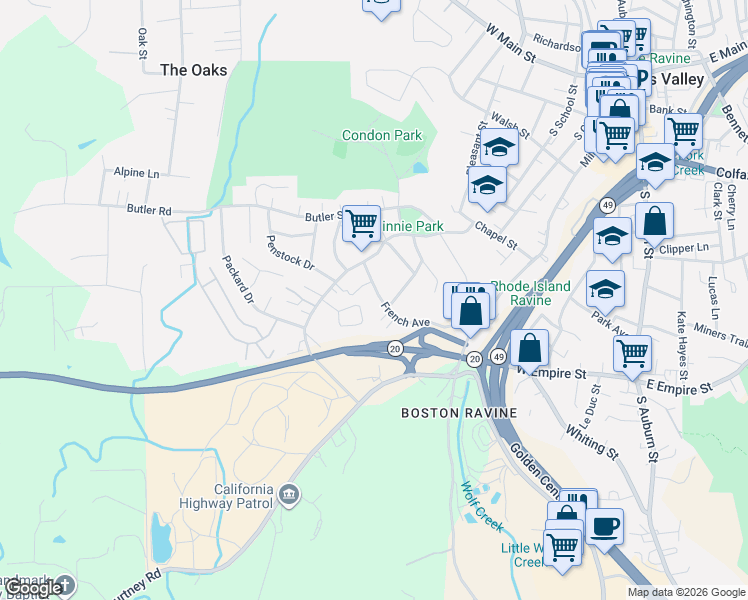 map of restaurants, bars, coffee shops, grocery stores, and more near 457 Lamarque Court in Grass Valley