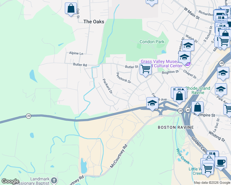 map of restaurants, bars, coffee shops, grocery stores, and more near 552 Packard Drive in Grass Valley