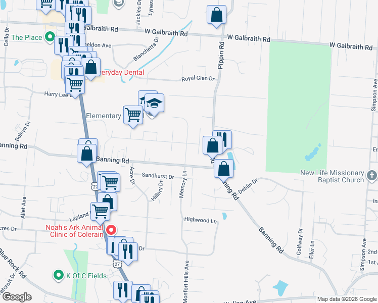 map of restaurants, bars, coffee shops, grocery stores, and more near 7156 Memory Lane in Cincinnati