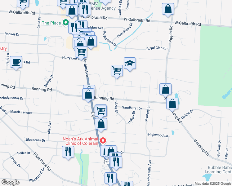 map of restaurants, bars, coffee shops, grocery stores, and more near 2836 Banning Road in Cincinnati