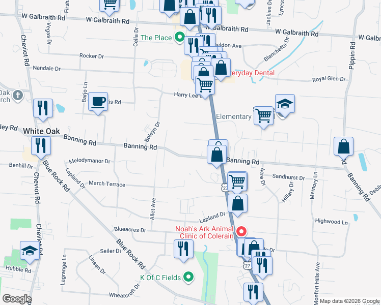 map of restaurants, bars, coffee shops, grocery stores, and more near 3120 Banning Road in Cincinnati