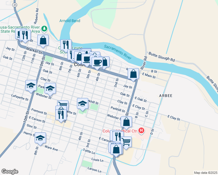 map of restaurants, bars, coffee shops, grocery stores, and more near 240 Oak Street in Colusa