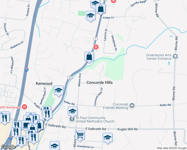 map of restaurants, bars, coffee shops, grocery stores, and more near 7820 Concord Hills Lane in Cincinnati