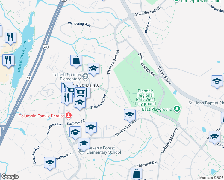 map of restaurants, bars, coffee shops, grocery stores, and more near 9487 Timesweep Lane in Columbia