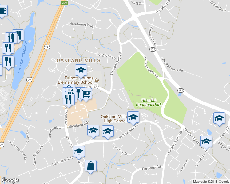 map of restaurants, bars, coffee shops, grocery stores, and more near 9487 Timesweep Lane in Columbia