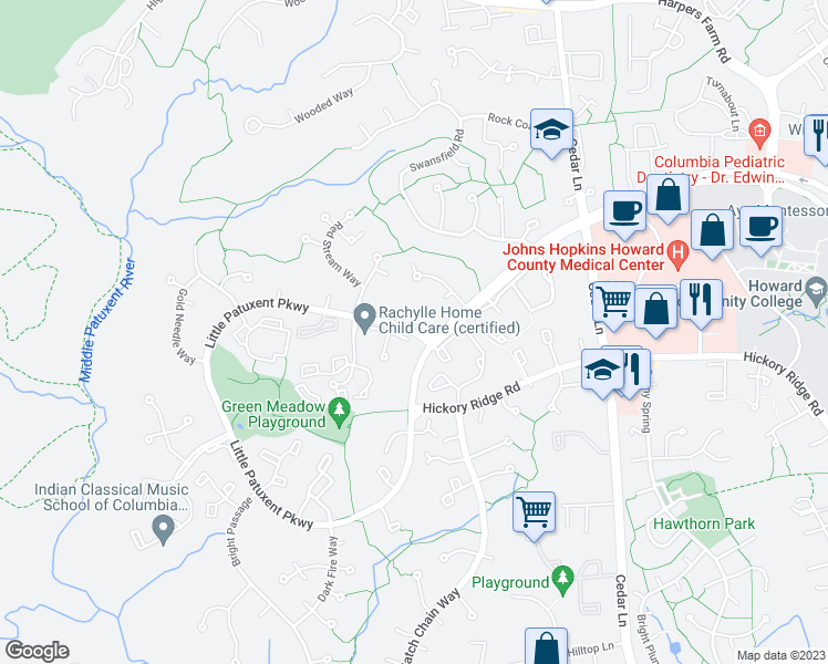 map of restaurants, bars, coffee shops, grocery stores, and more near 12204 Little Patuxent Parkway in Columbia