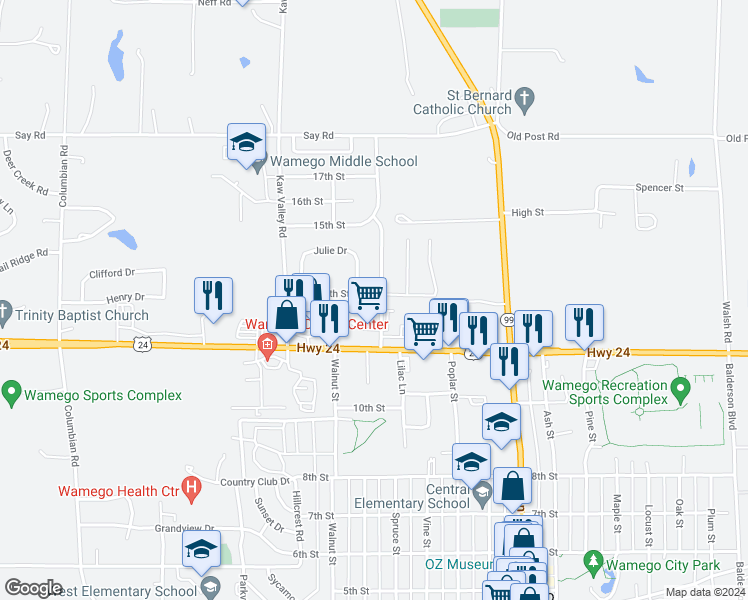 map of restaurants, bars, coffee shops, grocery stores, and more near 1201 14th Street in Wamego