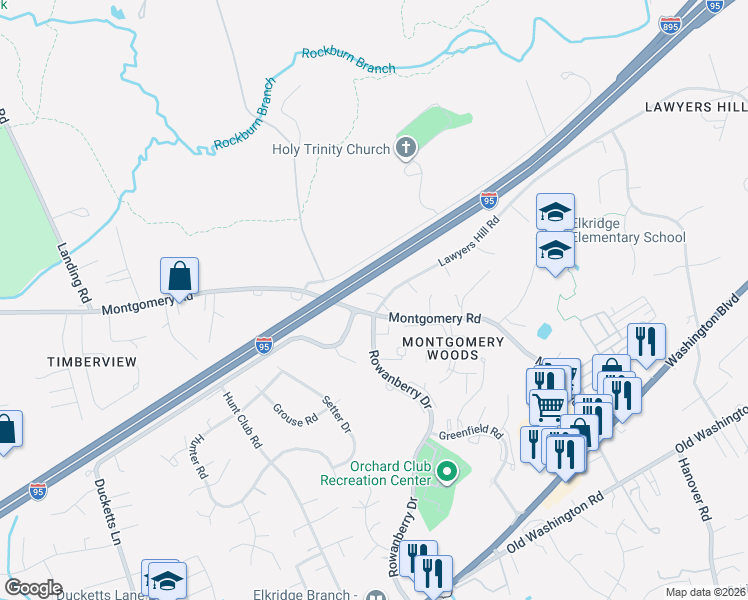 map of restaurants, bars, coffee shops, grocery stores, and more near 6550 Lawyers Hill Road in Elkridge