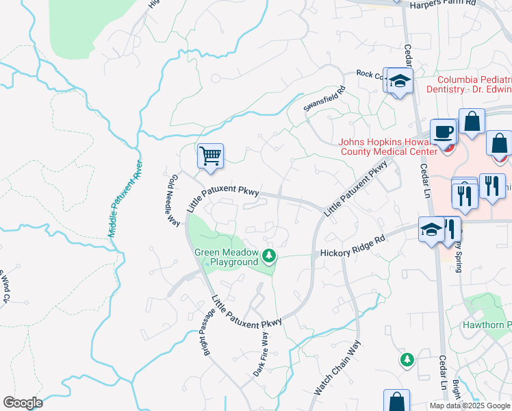 map of restaurants, bars, coffee shops, grocery stores, and more near 12100 Little Patuxent Parkway in Columbia