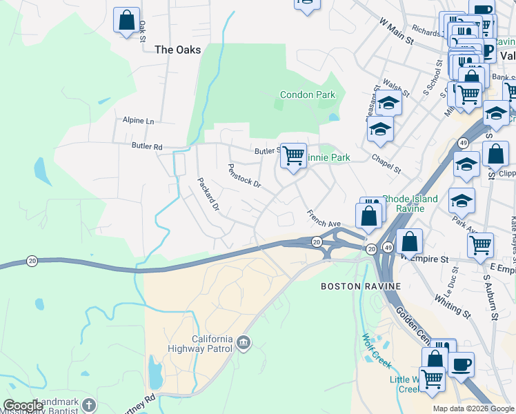map of restaurants, bars, coffee shops, grocery stores, and more near 647 Brighton Street in Grass Valley