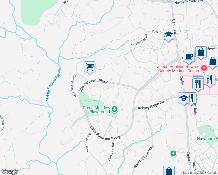 map of restaurants, bars, coffee shops, grocery stores, and more near 12100-H Little Patuxent Parkway in Columbia