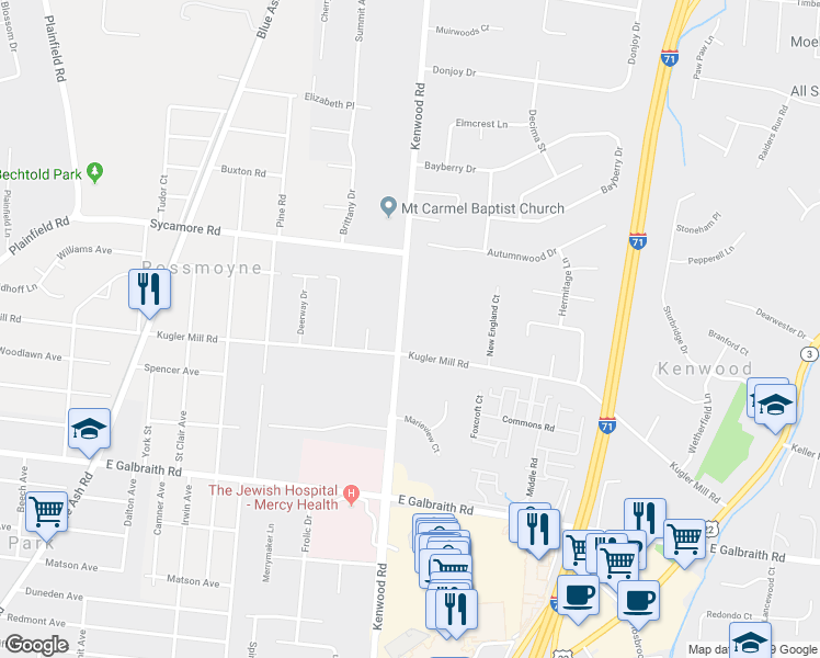 map of restaurants, bars, coffee shops, grocery stores, and more near 4940 Kugler Mill Road in Cincinnati