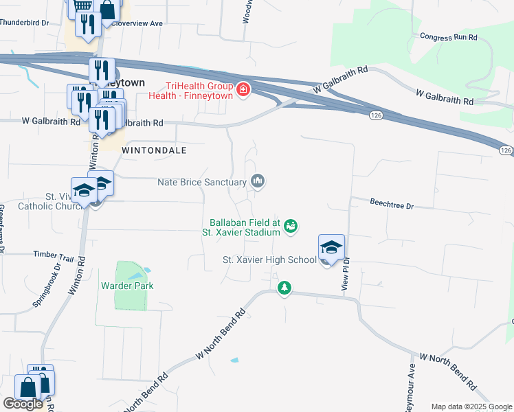 map of restaurants, bars, coffee shops, grocery stores, and more near 7770 Fancycab Court in Cincinnati