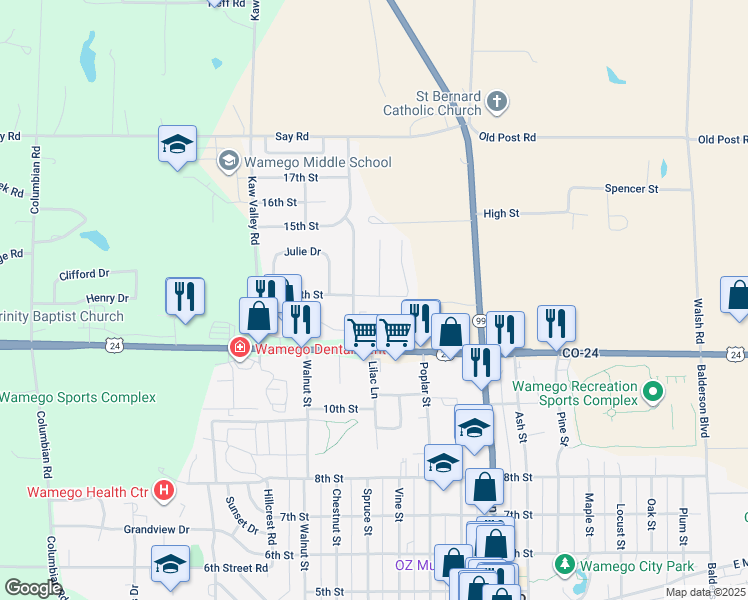 map of restaurants, bars, coffee shops, grocery stores, and more near 1015 14th Street in Wamego