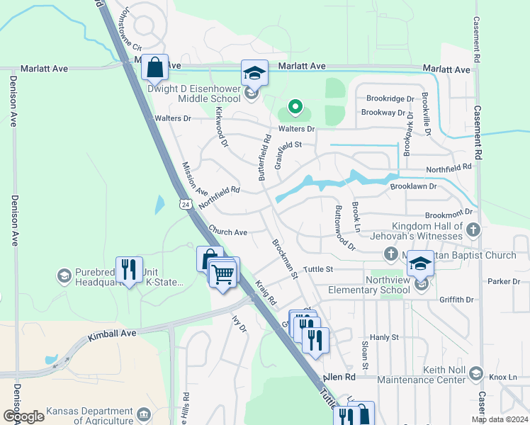map of restaurants, bars, coffee shops, grocery stores, and more near 2530 Brockman Street in Manhattan