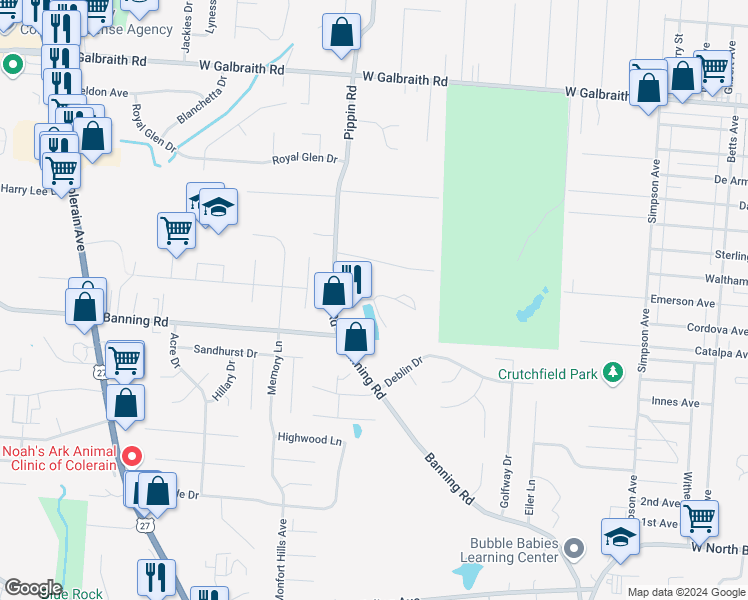 map of restaurants, bars, coffee shops, grocery stores, and more near 7220 Pippin Road in Cincinnati