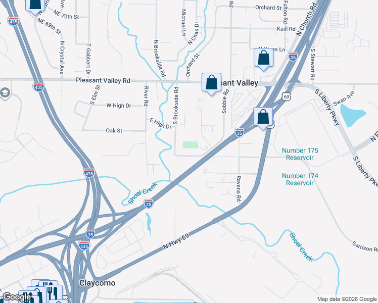 map of restaurants, bars, coffee shops, grocery stores, and more near 8007 South Church Road in Pleasant Valley