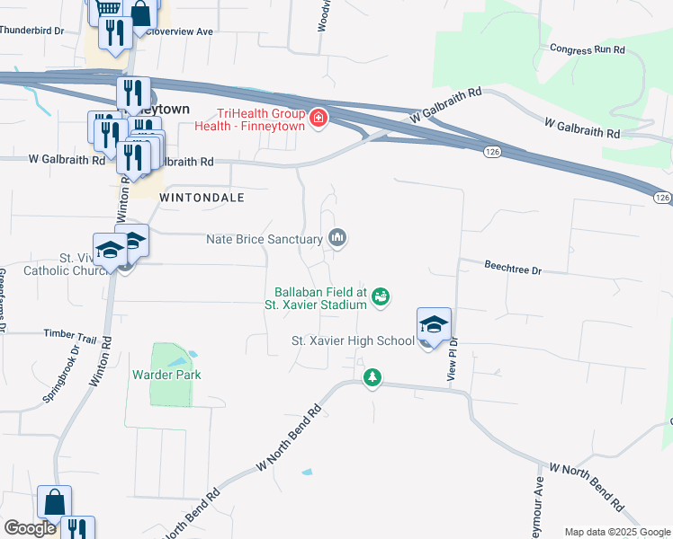 map of restaurants, bars, coffee shops, grocery stores, and more near 7770 Fancycab Court in Cincinnati