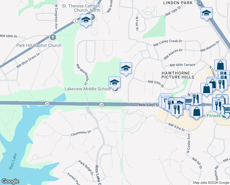 map of restaurants, bars, coffee shops, grocery stores, and more near 6720 Northwest 64th Street in Kansas City