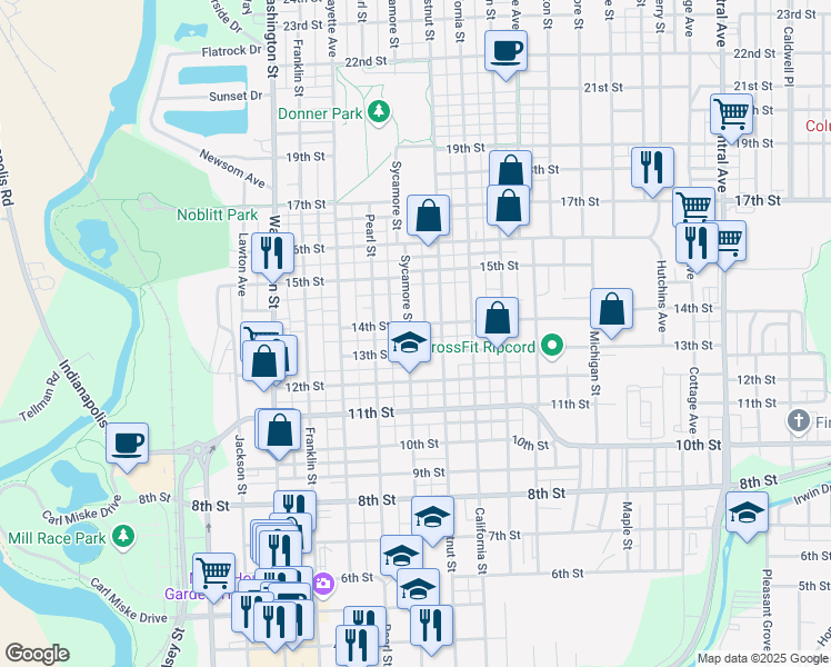 map of restaurants, bars, coffee shops, grocery stores, and more near 1323 Sycamore Street in Columbus