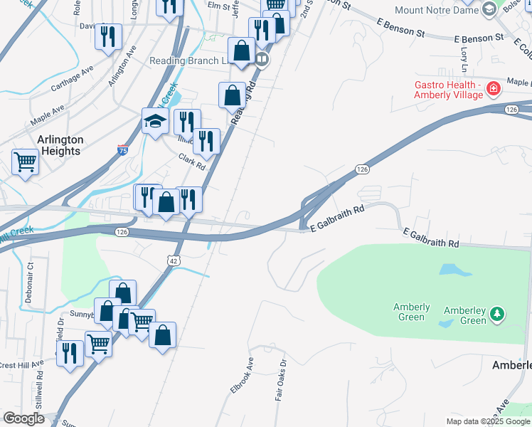 map of restaurants, bars, coffee shops, grocery stores, and more near 2120 East Galbraith Road in Reading